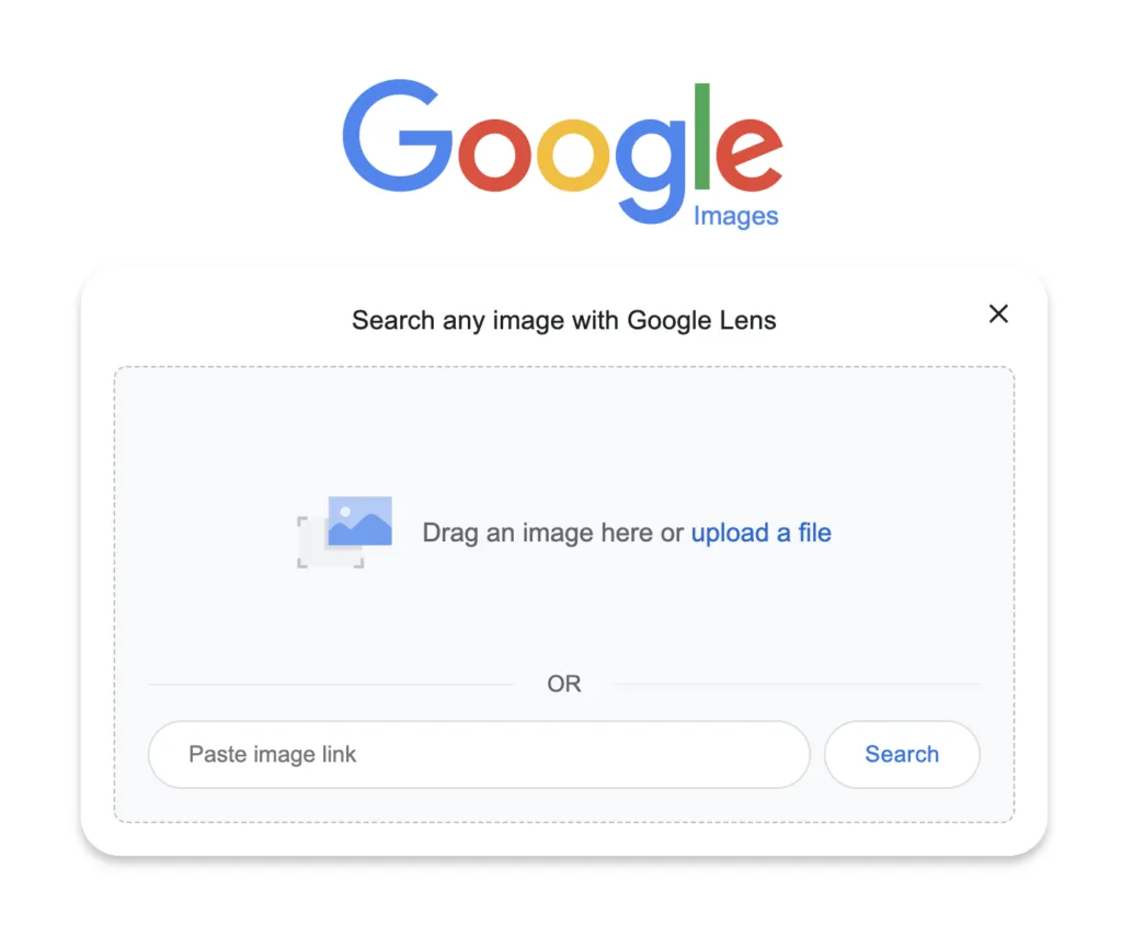 Screenshot of Google's reverse image search screen with options to drag an image, upload a file, or paste an image link.