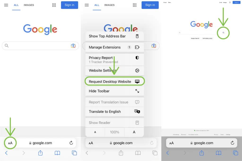 Three screenshots of the Google search screen on the Safari mobile browser showing you how to select the three-dot menu and the request desktop site. 